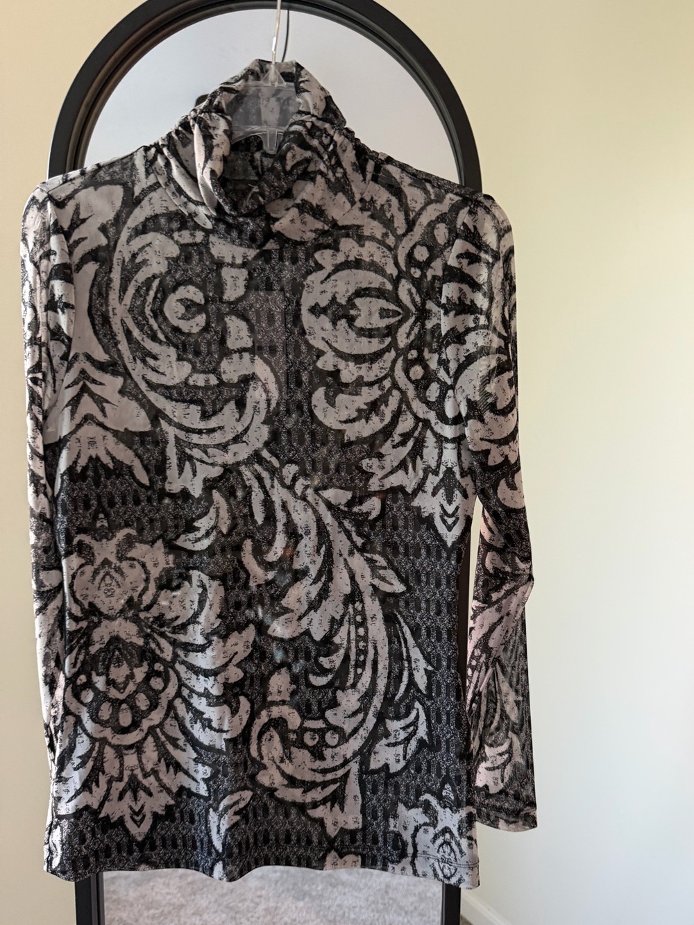 WHBM NWT Women’s Black, Grey, White Sheer Long Sleeve Turtleneck Top